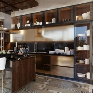 Custom kitchen cabinets with built-in and pantry storage by WOODCHURE